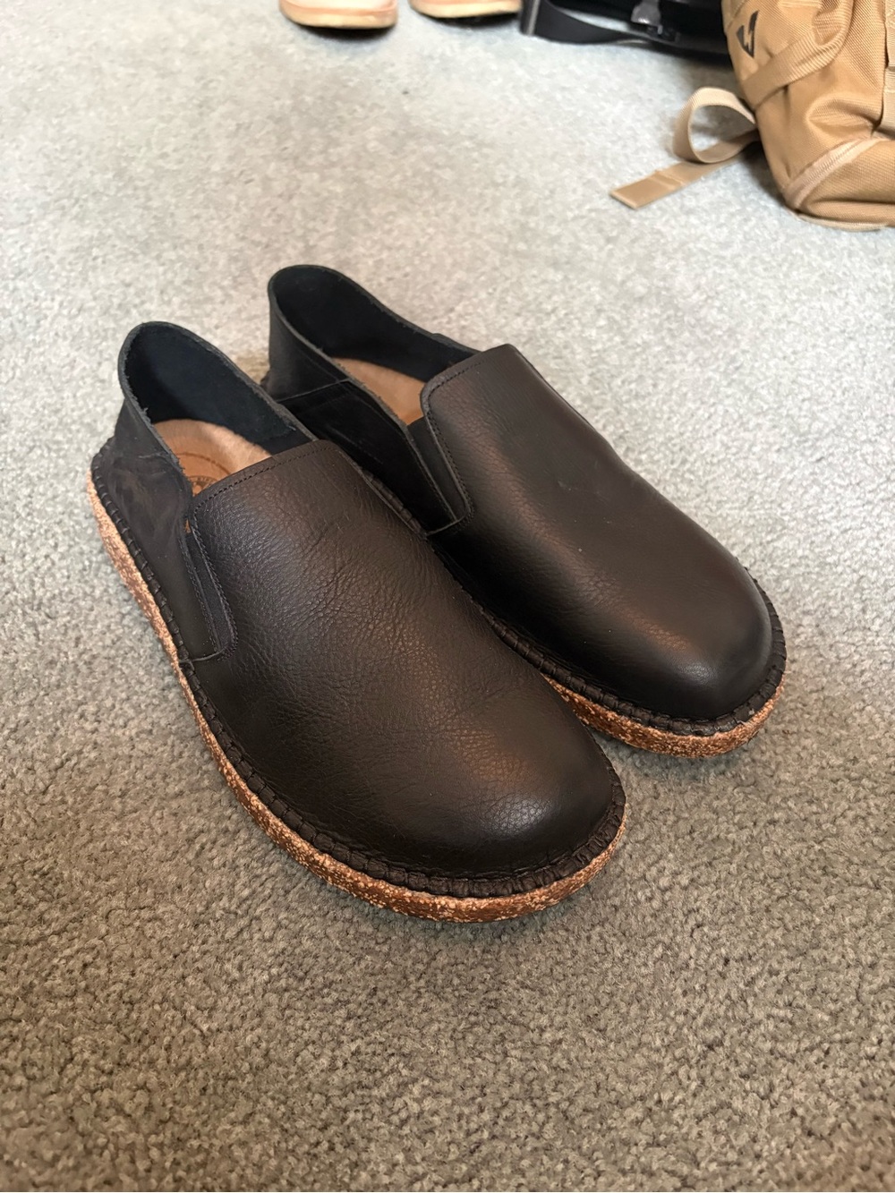 Brand New Birkenstock Black Leather Slip-On Cork-Trim Shoes